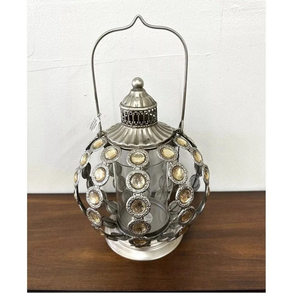 Vintage Silver Metal Beaded Candle Holder Lantern PATIO Decor